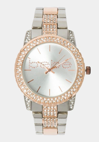 Bebe Silver Smooth Dial Crystal Bezel Watch In Two-tone Rose Gold-silver