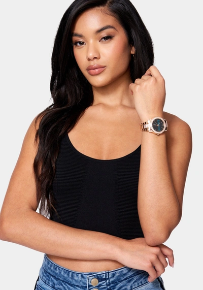 Bebe Black Smooth Dial Crystal Bezel Watch In Rose Gold