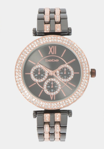 Bebe Glossy Gun Metal Dial Crystal Bezel Watch In Rose Gold-gun