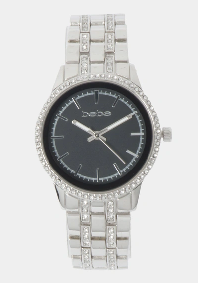 Bebe Glossy Black Dial Crystal Bezel Watch In Silver