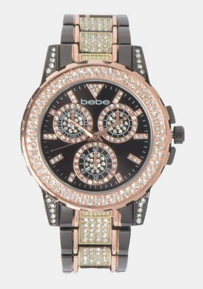 Bebe Glossy Gun Metal Dial Crystal Bezel Watch In Tri-tone Gun Metal-gold-rose Gold