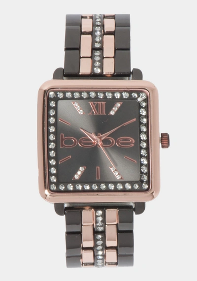 Bebe Gun Metal Smooth Dial Crystal Bezel Watch In Two-tone Gun Metal-rose Gold