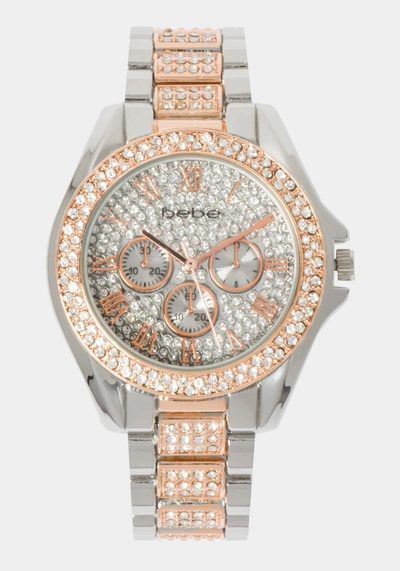 Bebe Full Pave Crystal Dial Crystal Bezel Watch In Two-tone Rose Gold-silver