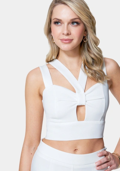 Bebe Multi Strap Front Keyhole Knit Top In White Alyssum