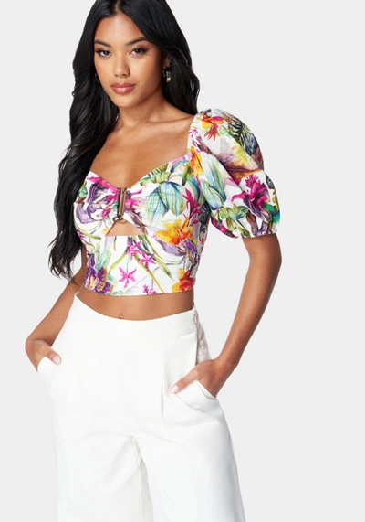 Bebe Puff Sleeve Front Keyhole Woven Top In Exotic Print
