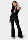 BEBE SATIN TWILL SLEEVELESS EYELET DETAIL WIDE LEG JUMPSUIT