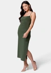 Bebe Cowl Neck Spaghetti Strap Slit Maxi In Olive