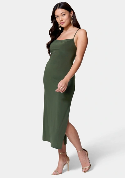 Bebe Cowl Neck Spaghetti Strap Slit Maxi In Olive