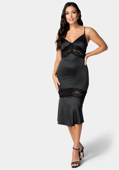 Bebe V-neck Lace-inset Satin Slip Dress In Black