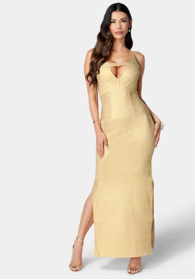 Bebe Bandage Open Back Gown In Gold