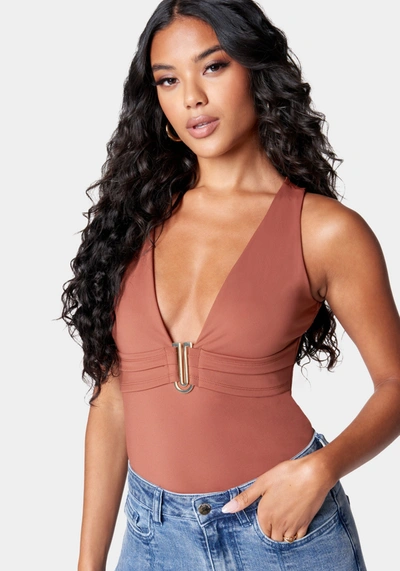 Bebe U Ring Sleeveless Plunging Knit Top In Picante