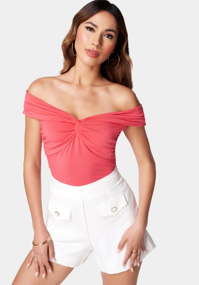 Bebe Off Shoulder Front Twist Draped Top In Geranium