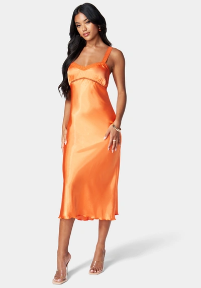 Bebe Satin Midi Dress In Orange