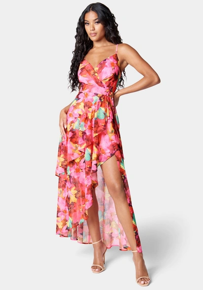 Bebe Printed Ruffle Wrap Dress In Multi