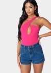 Bebe Keyhole Halter Bodysuit In Pink Peacock