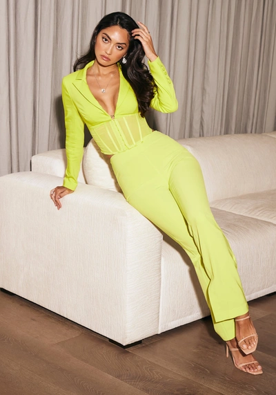 Bebe High Waist Wide Leg Side Slit Tailored Pant In Cyber Lime