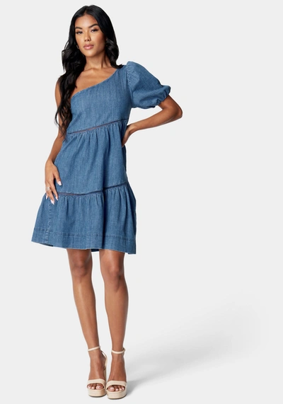 Bebe One Shoulder Asymmetric A Line Denim Dress In Medium Blue Wash