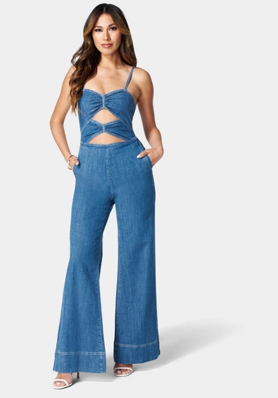 Bebe Double Ruched Front Band Palazzo Denim Jumpsuit In Medium Blue Wash