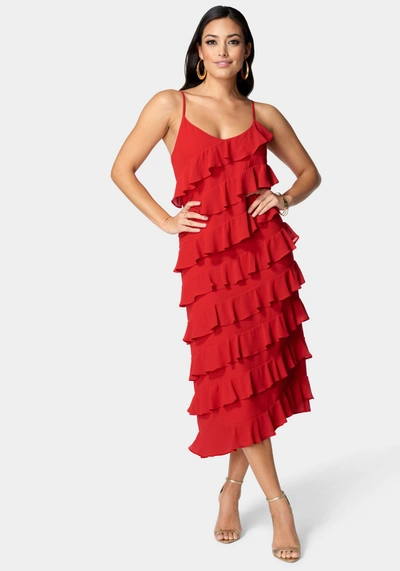 Bebe Ruffle Side Slit Maxi Dress In Fiery Red