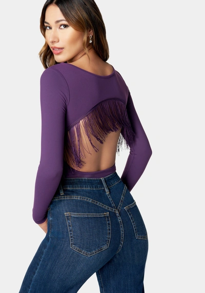 Bebe Open Back Fringe Trim Bodysuit In Midnight Mauve