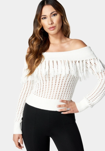Bebe Off Shoulder Fringe Detail Sweater In White Alyssum