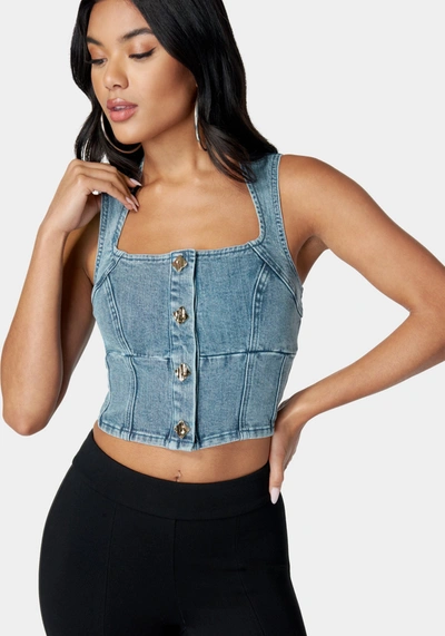 Bebe Button Down Trapeze Denim Top In River Blue Wash