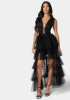 Bebe Tiered High Low Mesh Dress In Jet Black