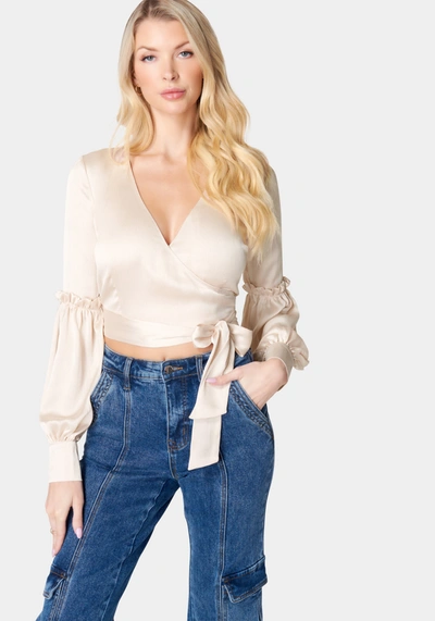 Bebe Balloon Sleeve Wrap Blouse In Peach Whip