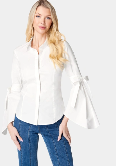 Bebe Button Down Bell Sleeve Poplin Blouse In White Alyssum