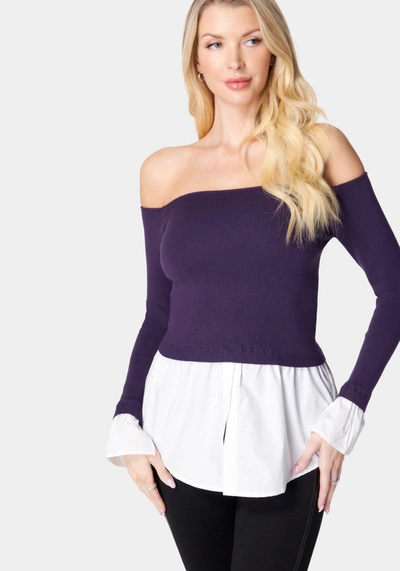 Bebe Poplin Off Shoulder Sweater Top In Midnight Mauve,white Alyssum