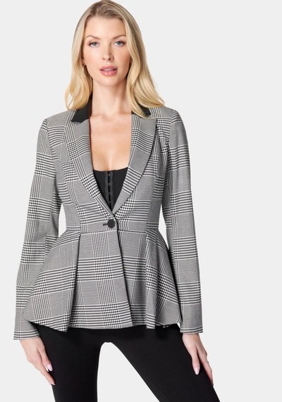 Bebe Glen Check Vegan Leather Combo Peplum Jacket In Black,white Alyssum