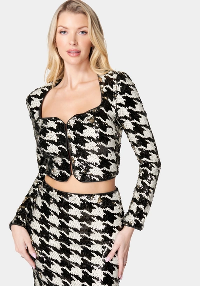 Bebe Sequin Houndstooth Notch Front Jacket In Black,white Alyssum