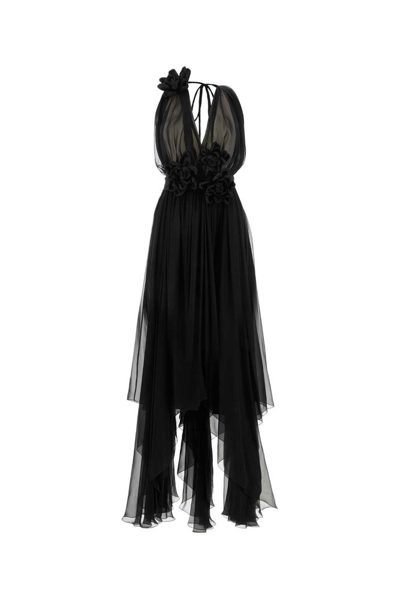 Dolce & Gabbana Floral Patch Long Chiffon Dress In Black