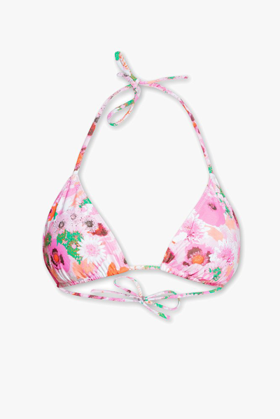 Ganni Floral-print String Bikini Top In Pink