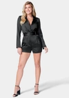 Bebe Belted Long Sleeve Satin Blazer Romper In Jet Black