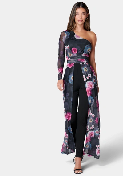Bebe One Shoulder Mesh Catsuit In French Floral