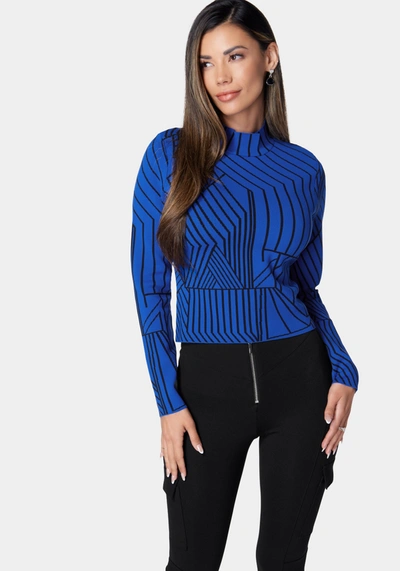 Bebe Abstract Jacquard Mock Neck Sweater In Galactic Cobalt,black