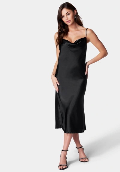 Bebe Satin Cowl Neck Slip Midi Dress In Black