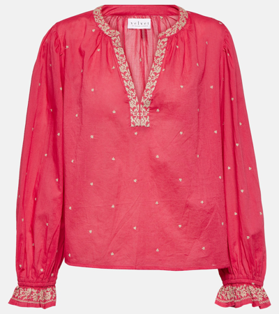Velvet Ania Embroidered Cotton Top In Pink