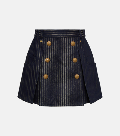 Balmain Striped Denim Miniskirt In Blue
