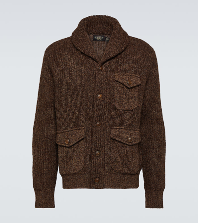 Rrl Shawl-collar Suede-trimmed Ribbed Wool, Cotton And Linen-blend Cardigan In Brown