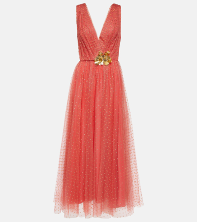 Monique Lhuillier Embellished Tulle Maxi Gown In Red