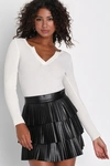 Lulus Bold Charm Black Vegan Leather Pleated Tiered Mini Skirt In Black