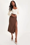 LULUS PERFECT SOPHISTICATION BROWN TWILL BUTTON WRAP MIDI SKIRT