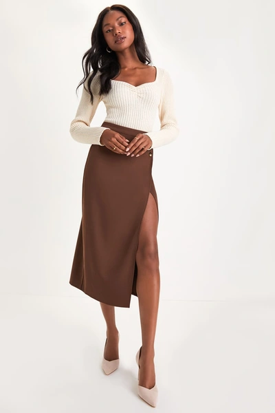 Lulus Perfect Sophistication Brown Twill Button Wrap Midi Skirt