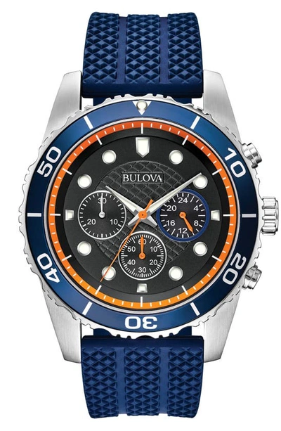 Bulova Water Resistant Silicone Strap Chronograph Watch, 44mm In Silver