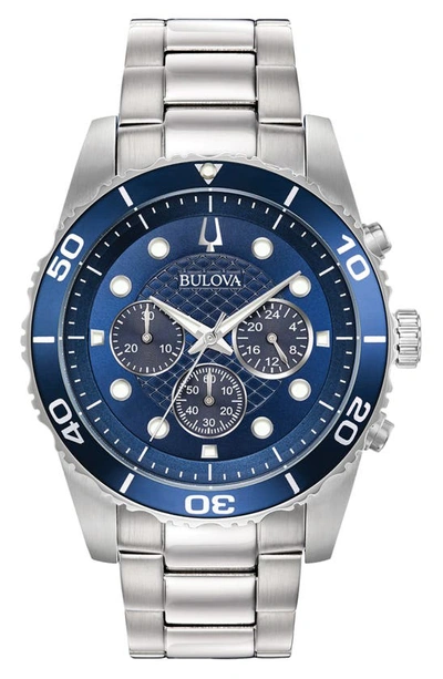 Bulova Water Resistant Bracelet Strap Chronograph Watch, 43mm In Blue/ Silver