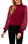 Cece Women's Sheer-sequin-sleeve Mock-neck Cotton Sweater In Deep Merlot