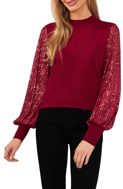 Cece Women's Sheer-sequin-sleeve Mock-neck Cotton Sweater In Deep Merlot