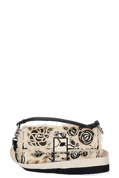 Pre-owned Fendi Floral Embroidered Baguette Bag In Black & White